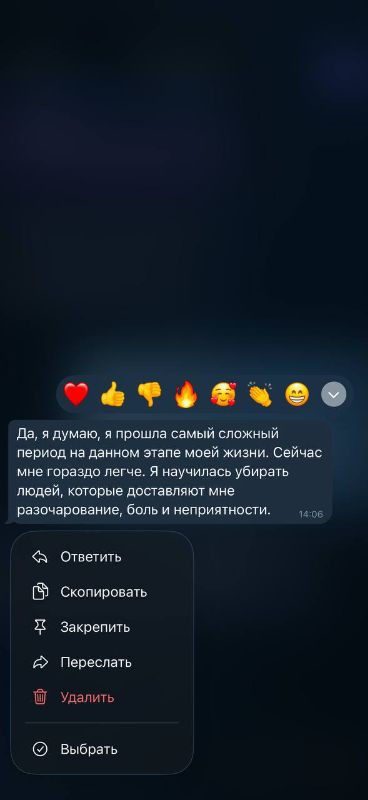 Сообщение: «Да, я думаю, я прошла самый сложный период на данном этапе моей жизни. Сейчас мне гораздо легче. Я научилась убирать людей, которые доставляют мне разочарование, боль и неприятности.»